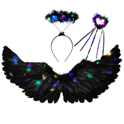 Women Girls Angel Feather LED Wings Halo Light Up Angel Wings Fairy Wands Glow Tutu Skirt Carnival Halloween Cosplay Costume