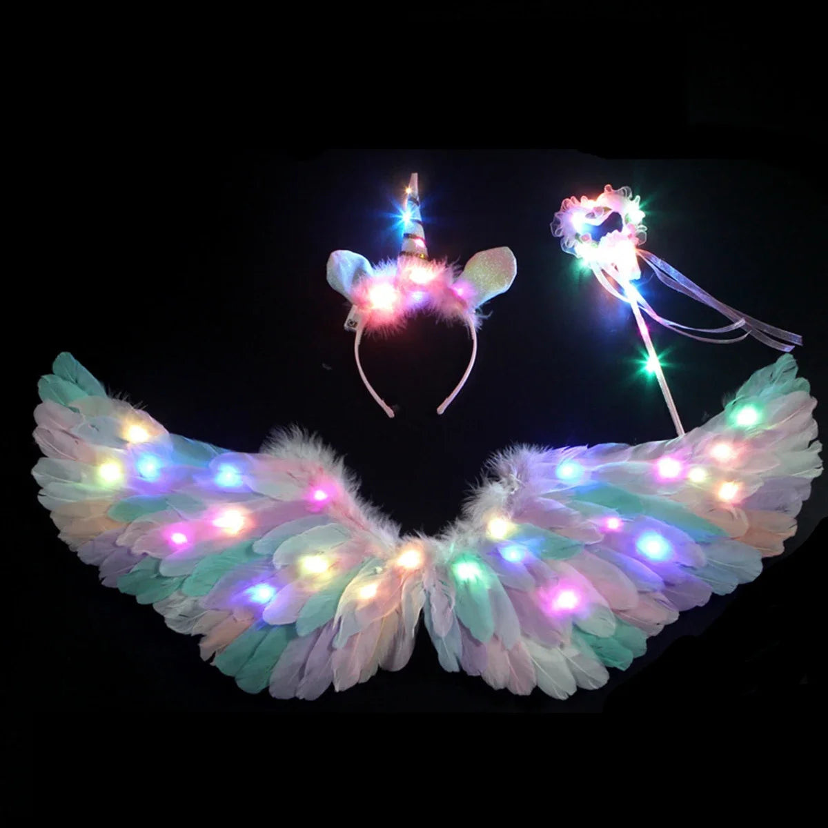 Women Girls Angel Feather LED Wings Halo Light Up Angel Wings Fairy Wands Glow Tutu Skirt Carnival Halloween Cosplay Costume