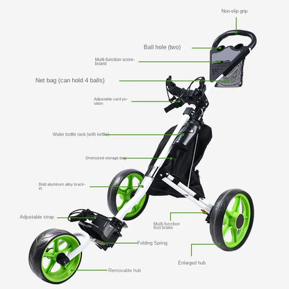 Golf Push Cart - 3 Wheel Golf Cart for Easy Transport & Storage Foldable, Detachable, Quick to Open&Close, With Foot Brake