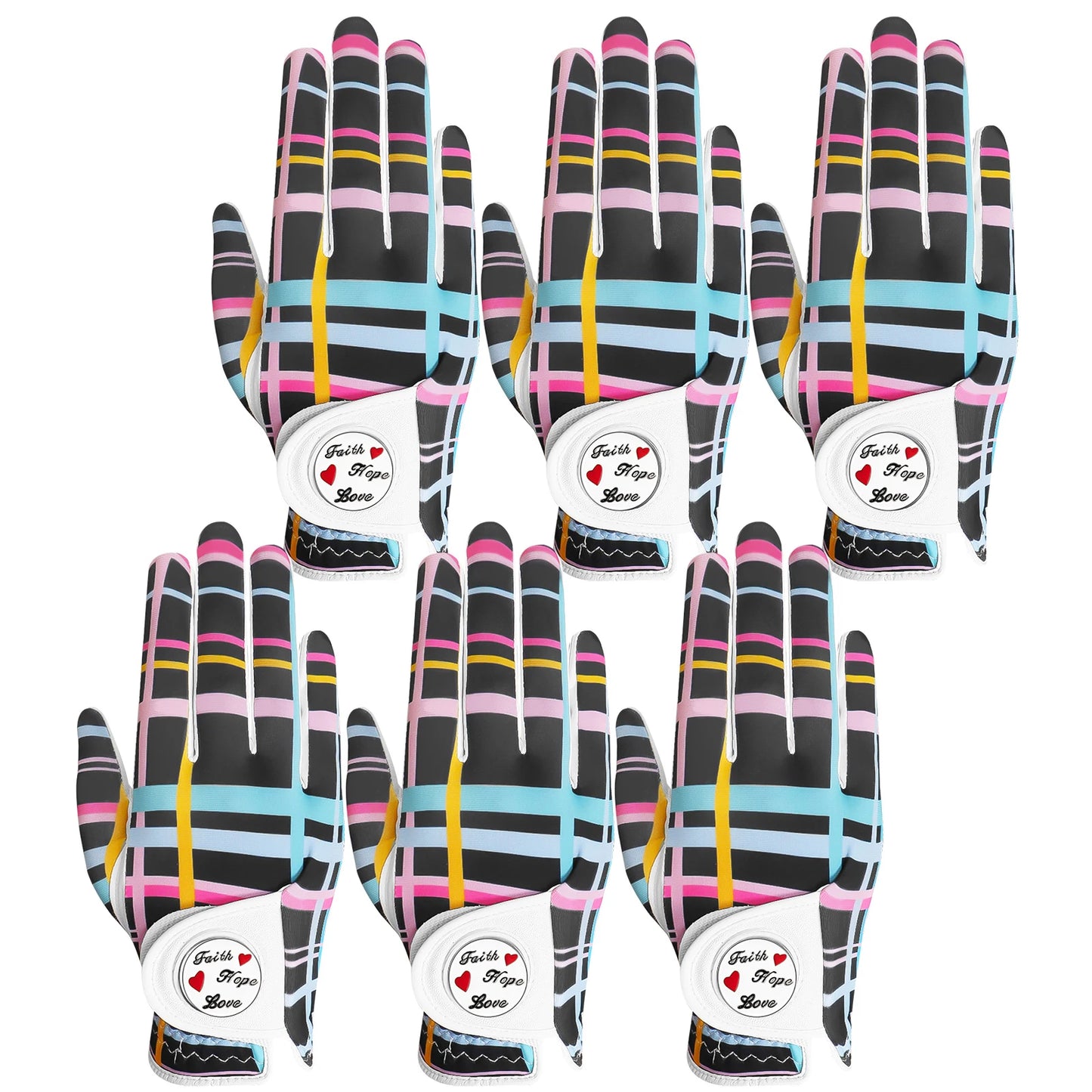 Womens Golf Glove With Ball Marker Rain Left Right Hand Leather Printed 6 Pack, Ladies Golf Gloves All Weather Grip