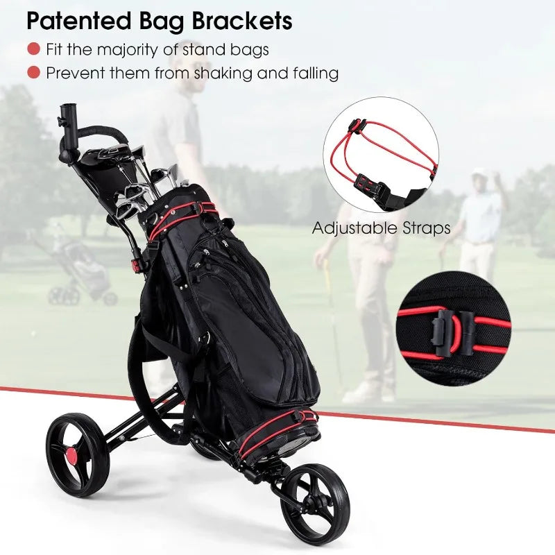 Tangkula Golf Push Pull Cart, Lightweight Aluminum Collapsible 3 Wheels Golf Push Cart, Golf Trolley With Elastic Strap