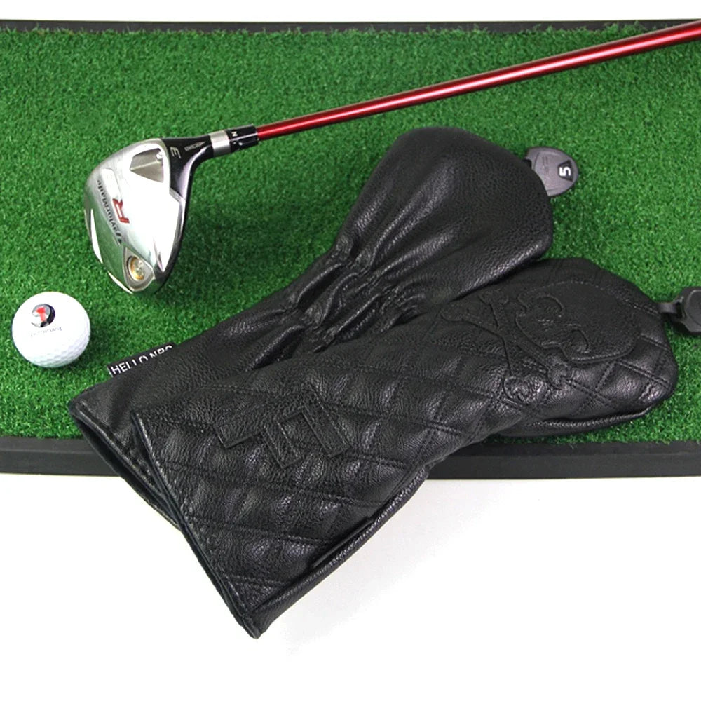 GLOOF Golf Skull Skeleton Head Cover Golf Club Black Leather Cover Set Fits Driver Fairway Wood Hybrid Golf Supplies
