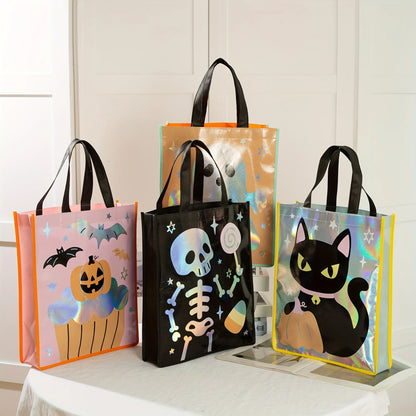 Halloween Party Bags - Non-Woven Fabric Gift Bags With Pumpkin, Grimace, Cat, Bats, Candy Designs  - Sturdy Handles for Trick