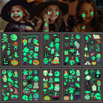 10Sheets Halloween Luminous Tattoo Stickers Ghost Pumpkin Kids Adults Halloween Party Decoration Glow in the Dark Supplies Gifts