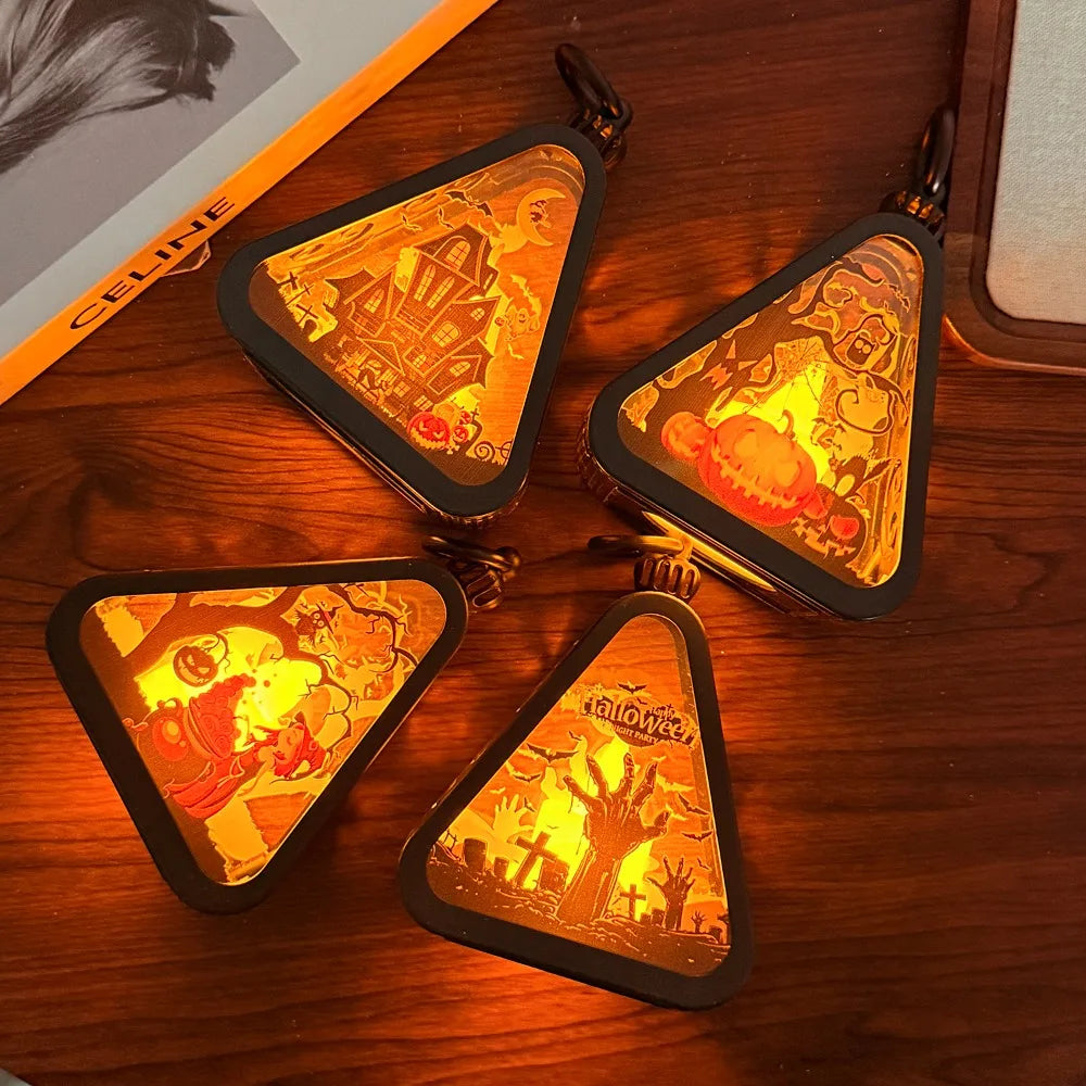 Halloween Pumpkin Lantern Plastic Witch Castle Ghost Triangle Lamp Table Ornaments Party Scene Props Halloween Home Decoration