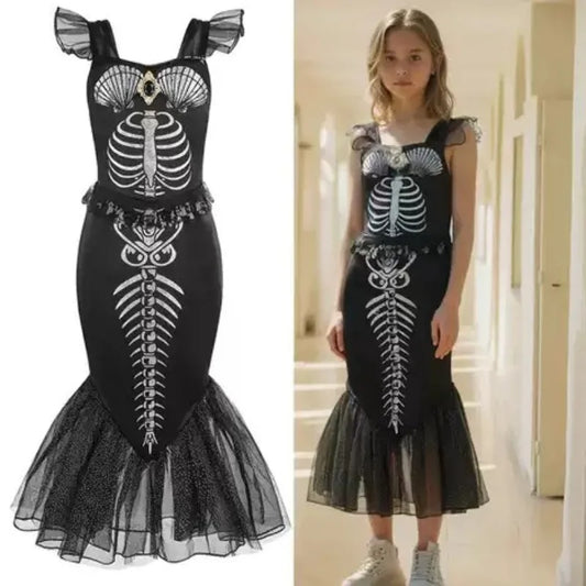 Fishtail Bone Skeleton Mermaid Costume Girls Kid Devil Dress Gothic Horror Corpse Bride Halloween Terror Outfit Party for Child