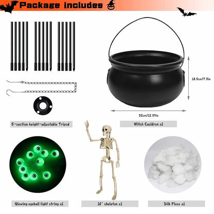 Witches Cauldron for Yard Decorations Halloween Witch Cauldron With Tripod With Eyeballs String Lights and Skeleton for Home