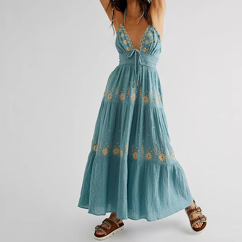 Beach Style Women v Neck Backless Halter Long Dress Bohemian Indie Embroidery Maxi Dress Summer Club Party Vestidos Holiday