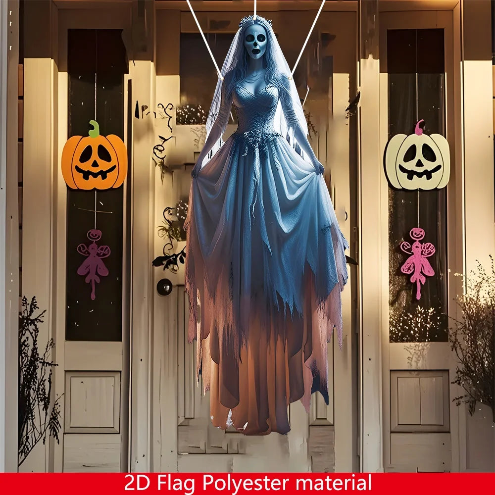 1pc Halloween Skeleton Bride Hanging Flag - Outdoor/Indoor Gothic Decoration, Spooky Bride With Bats & Jack-O-Lanterns Design