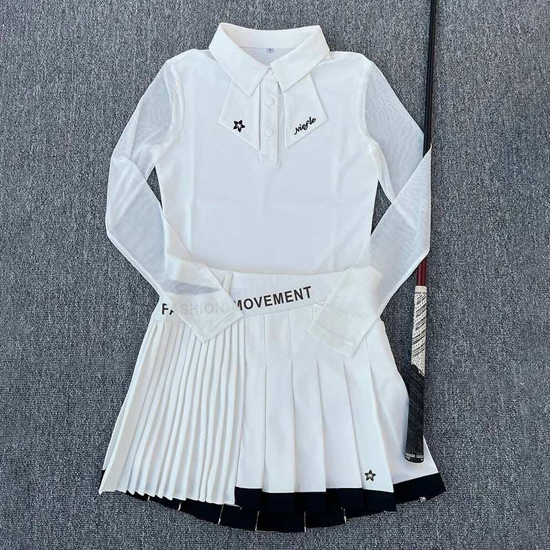 Golf Women's Long-Sleeved Polo Shirt, Summer Mesh Sleeve Sunshade, Quick-Drying, Breathable and Slimming Outdoor Sports Set