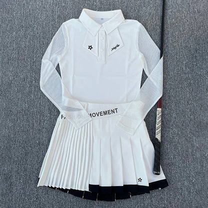 Golf Women's Long-Sleeved Polo Shirt, Summer Mesh Sleeve Sunshade, Quick-Drying, Breathable and Slimming Outdoor Sports Set