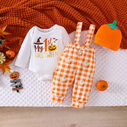 Ceeniu My First Halloween Baby Outfit for Boys Long Sleeve Letter Romper Suspender Pants+Hat Newborns Baby Halloween Costumes