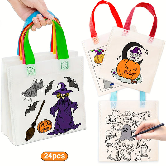 12PCS DIY Graffiti Bags Coloring Painting Non Woven Gift Bags for Kids Halloween Party Trick-Or-Treating Candy Bags, Gift Bags