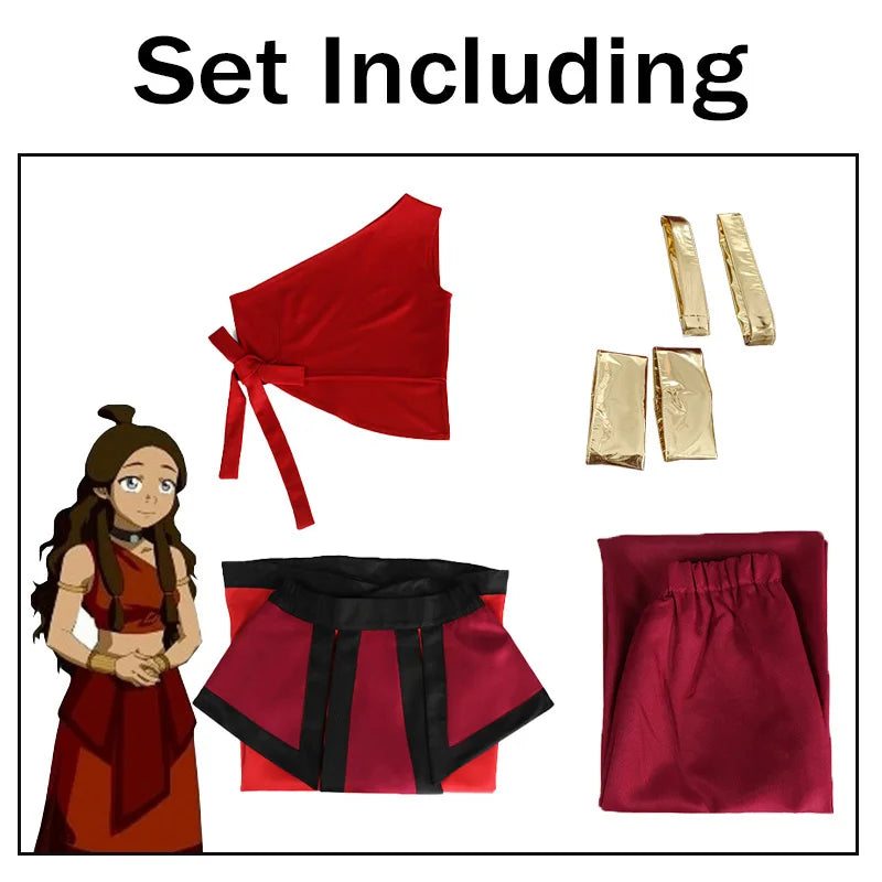 Anime Avatar the Last Airbender Cosplay Katara Fire Nation Cosplay Costume Red Uniform Adult Women Halloween Carnival Clothes