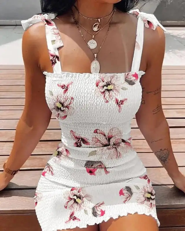 2025 Summer Slim Print Dress Women Fashion Spaghetti Strap Elegant Package Hips Bodycon Mini Dresses Femlae Beach Party Dress