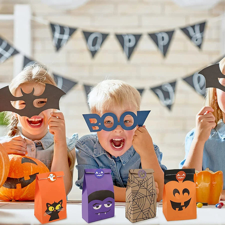 8-48pcs Halloween Theme Candy Gift Bag With Cartoon Storage Stickers Party Small Gift Storage Bag Party Kraft Goodie Bag