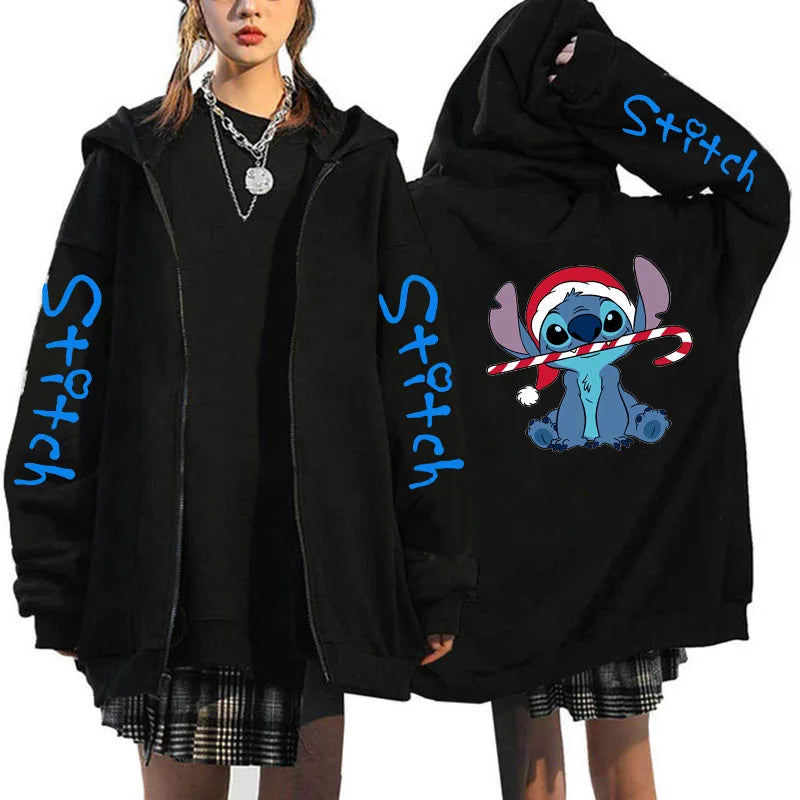 Oversized Y2k Zip-Up Hoodie Disney Women's Lilo & Stitch Costume Winter Clothes Woman Long Sleeve Warm Jacket Zip-Up Street Tops