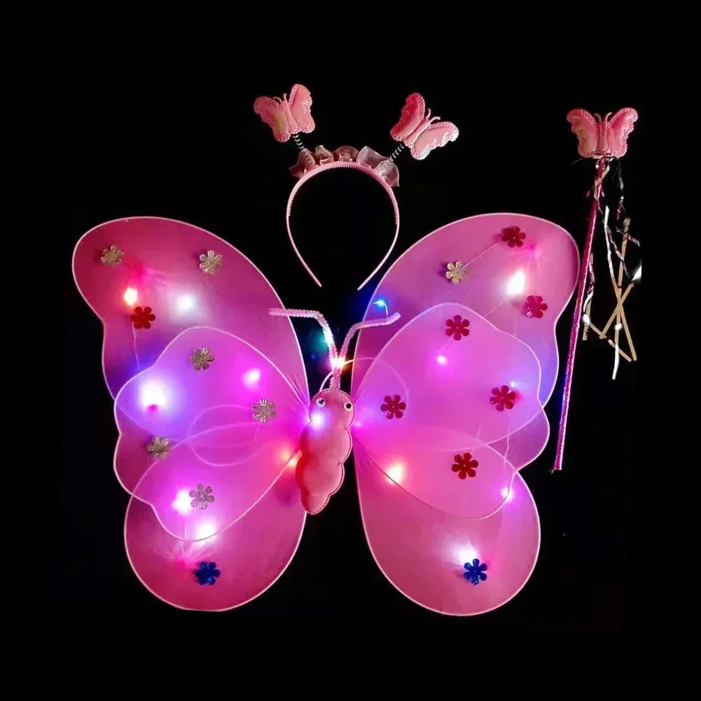 3/4Pcs/Set  Fairy Butterfly Wing Wand Headband Costume Toy Gift Halloween Decoration Double Layers Girls Led Flashing Light