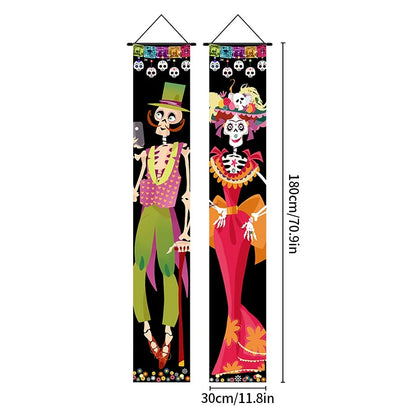 Mexican Day of the Dead Halloween Couplet Scary Skeleton Couple Flag Halloween Decoration Hanging Flag Banner Door Decor