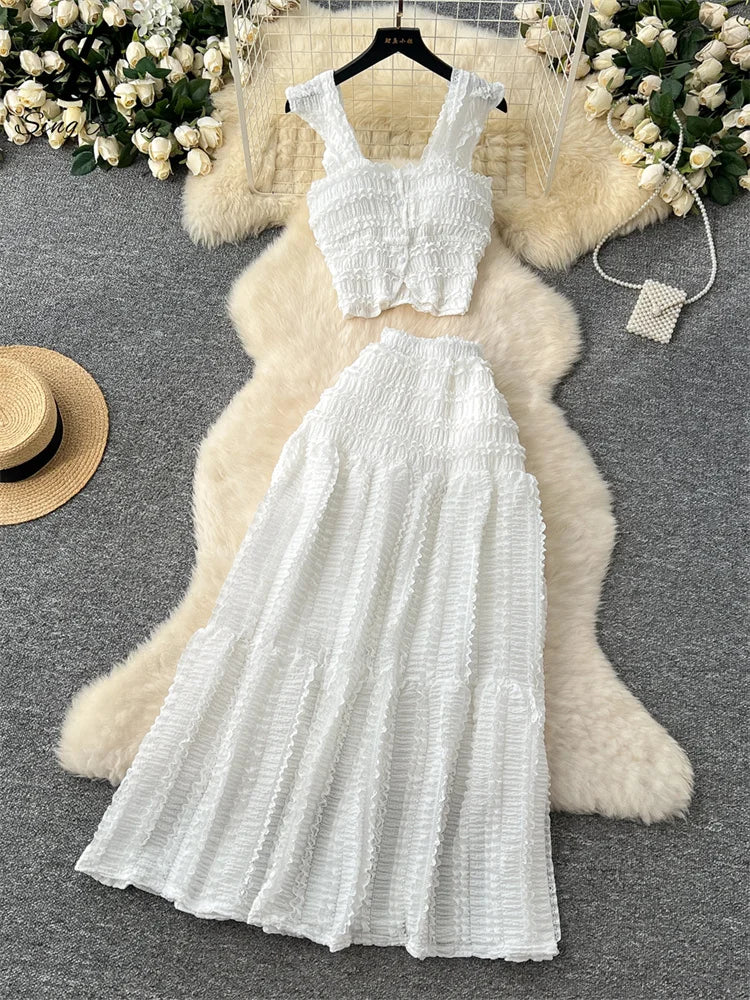 SINGREINY Casual Beach Style 2pcs Suits Single Breasted Mini Camisole+Elastic Waist a Line Fold Slim Skirt Gentle Women Sets