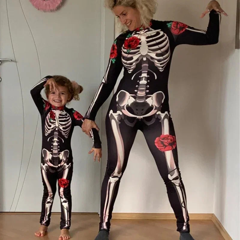 Rose Skeleton Bone Jumpsuit Girls Scary Costume Halloween Horror Bodysuit Cosplay Jumpsuit Carnival Catsuit Outfit for Kids