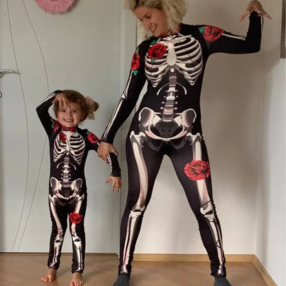Rose Skeleton Bone Jumpsuit Girls Scary Costume Halloween Horror Bodysuit Cosplay Jumpsuit Carnival Catsuit Outfit for Kids