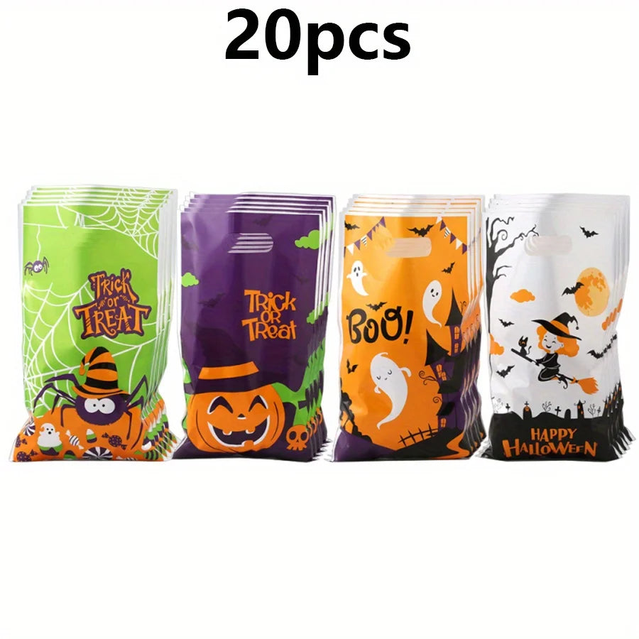 20-80pcs 9.8" Halloween Goodie Bags Trick or Treat Bags Plastic Candy Treat Bag With Handle Gift Bag for Halloween Party JXB