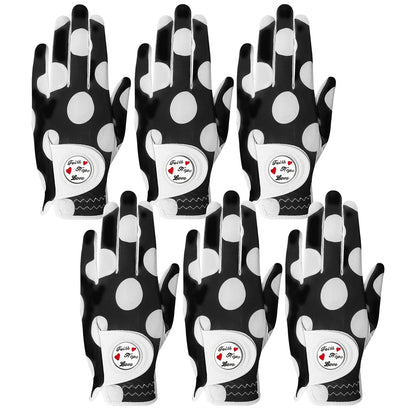 Womens Golf Glove With Ball Marker Rain Left Right Hand Leather Printed 6 Pack, Ladies Golf Gloves All Weather Grip