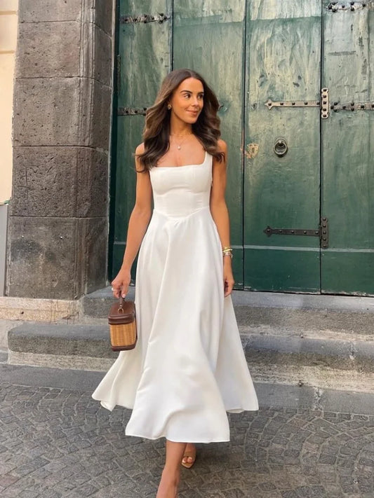 Elegant White High Waist Women's Dress Fashion Square Neck Sleeveless A-Line Dresses 2025 New Vocation Beach Party Streetwear