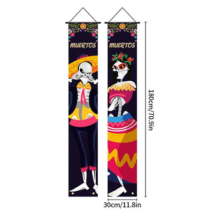 Mexican Day of the Dead Halloween Couplet Scary Skeleton Couple Flag Halloween Decoration Hanging Flag Banner Door Decor