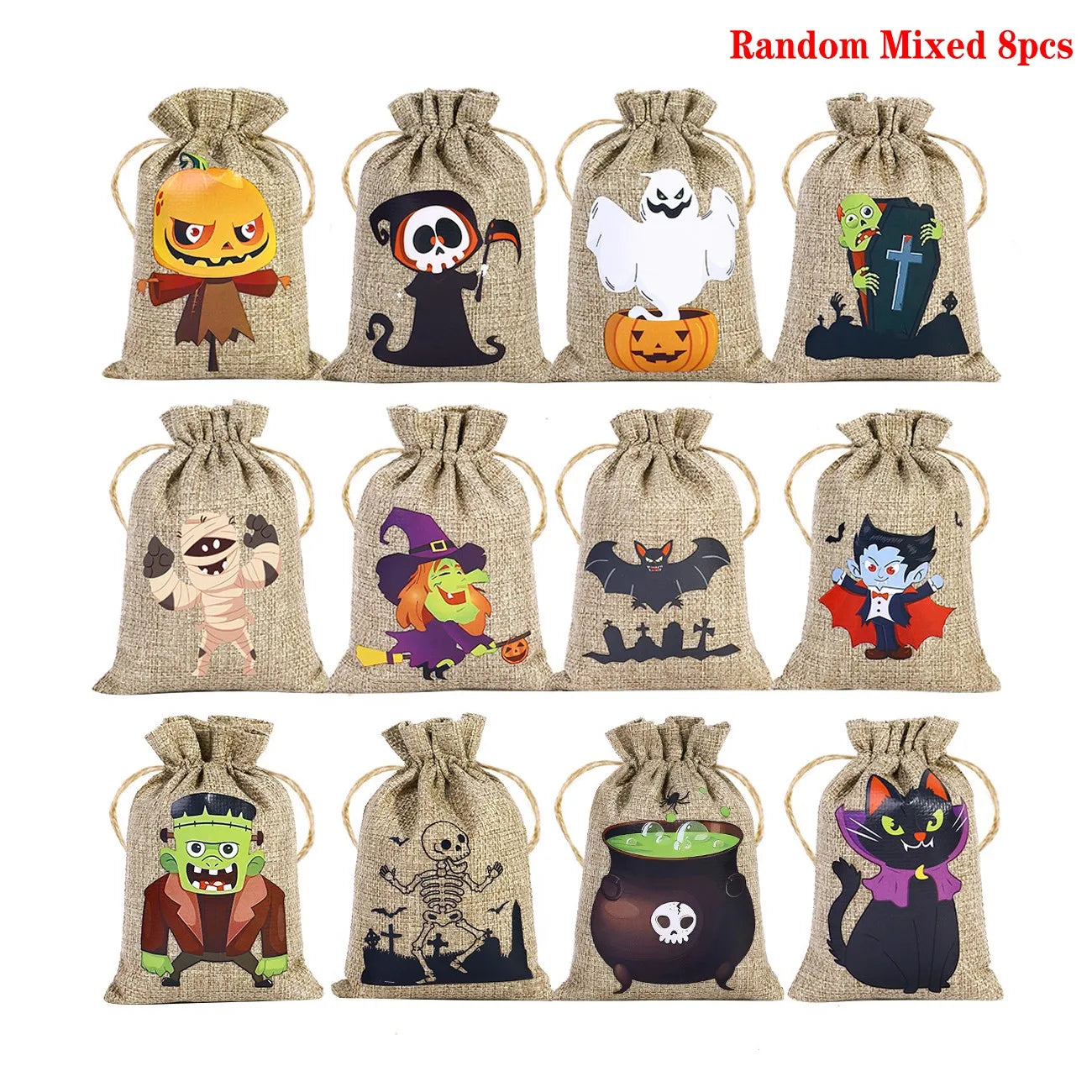 4pcs/8pcs/12pcs Halloween Linen Bun Storage Bag Halloween Pattern Candy Gift Packaging Bag Linen Drawstring Bag