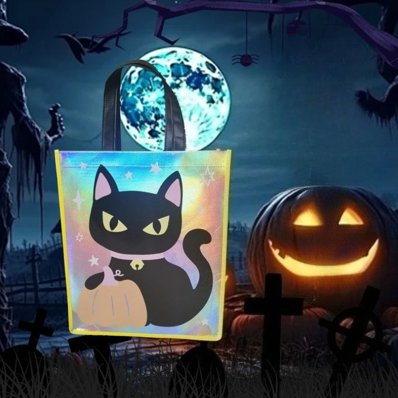 Halloween Party Bags - Non-Woven Fabric Gift Bags With Pumpkin, Grimace, Cat, Bats, Candy Designs  - Sturdy Handles for Trick