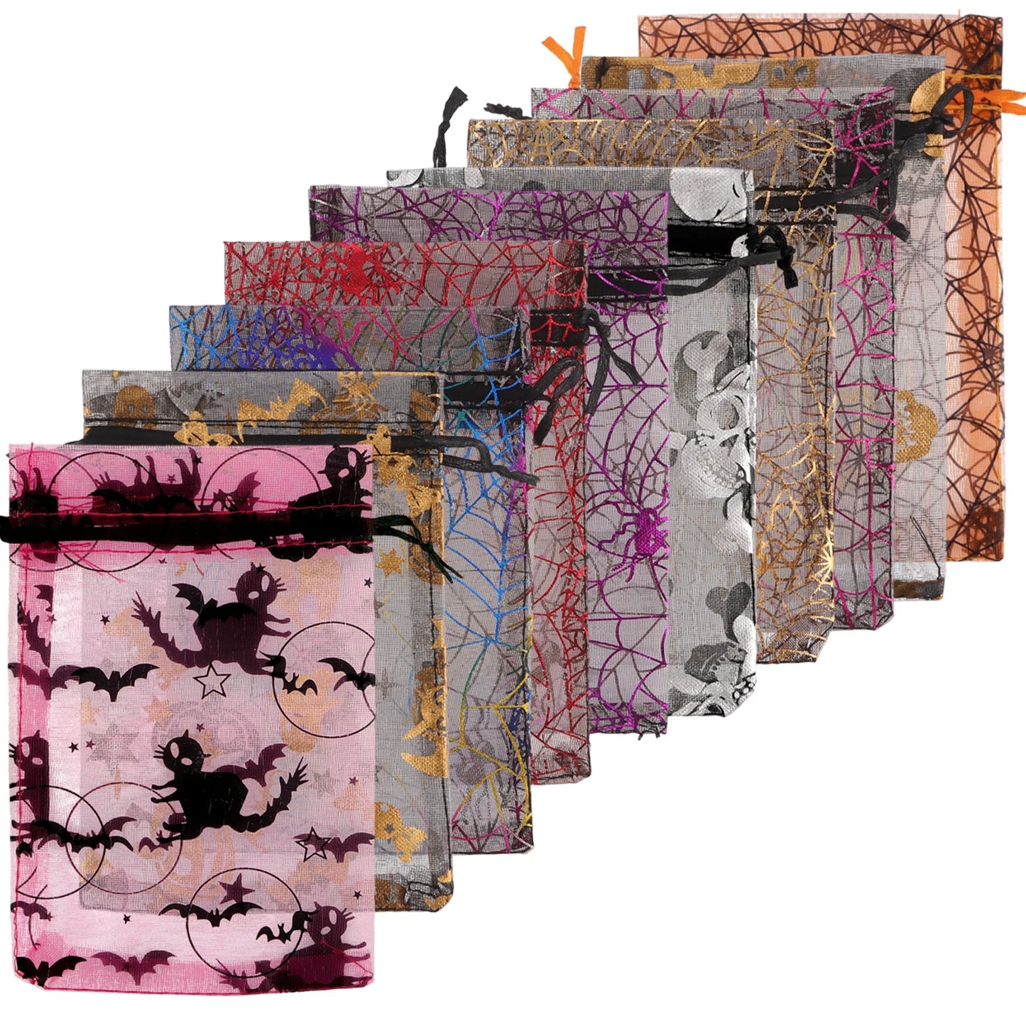 50/100pcs Colorful Halloween Organza Gift Bags Skull Spider Web Printing Packaging Gift High Quality Drawstring Candy Bag