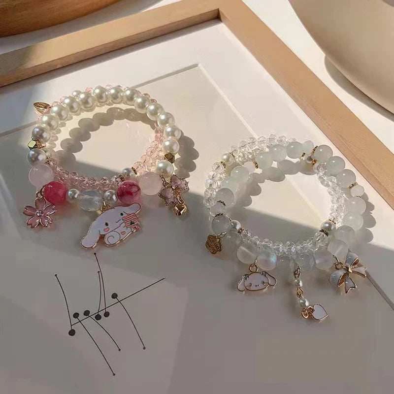 1Pc Anime Sanrio Bracelet Cinnamoroll Bow Crystal Beads Bracelet Kawaii Cinnamorol Kuromi Pendant Accessories Jewelry Gift