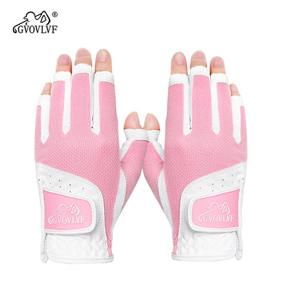 GVOVLVF1 Pair Golf Gloves for Women Half 1/3 Finger Soft Leather Breathable for Better Grip and Club Control Fit Ladies Girls