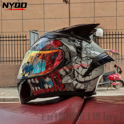 Orz Motorcycle  Full Face Helmet Dual Lens Racing Helmet Personality Horns Modular Flip Up Helmets DOT Approved
