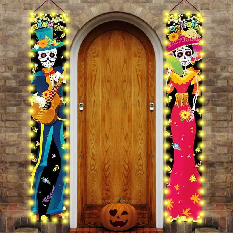 Mexican Day of the Dead Halloween Couplet Scary Skeleton Couple Flag Halloween Decoration Hanging Flag Banner Door Decor