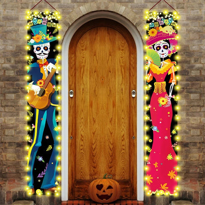 Mexican Day of the Dead Halloween Couplet Scary Skeleton Couple Flag Halloween Decoration Hanging Flag Banner Door Decor