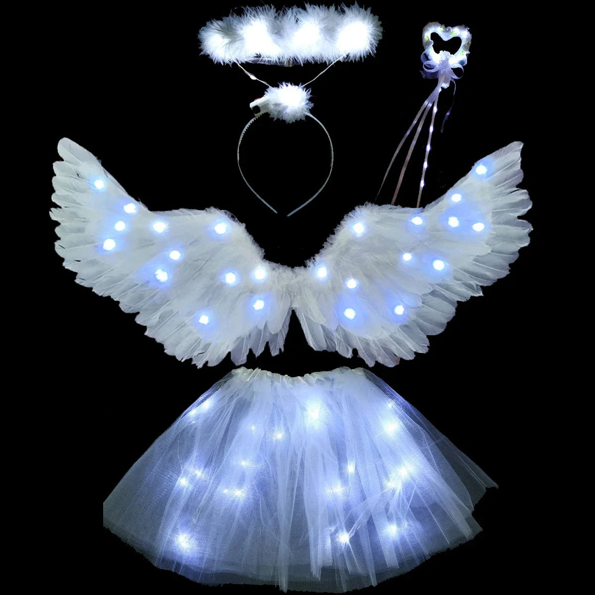 Women Girls Angel Feather LED Wings Halo Light Up Angel Wings Fairy Wands Glow Tutu Skirt Carnival Halloween Cosplay Costume