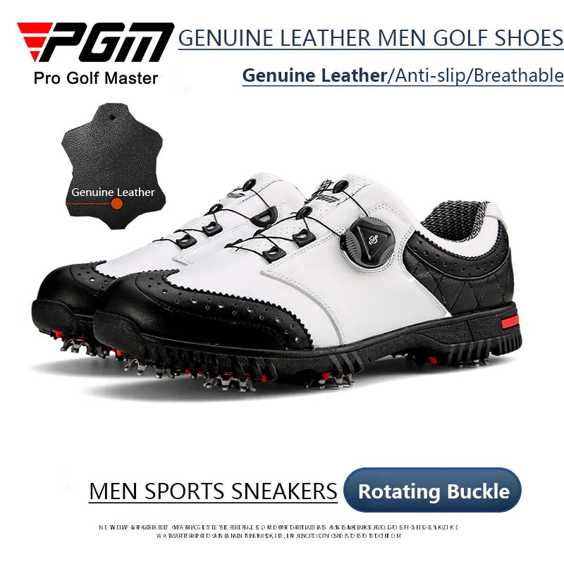 PGM Genuine Leather Golf Shoes for Men Waterproof Golf Sneakers Anti-Slip Nail Sports Footwear Male Rotating Buckle Shoes