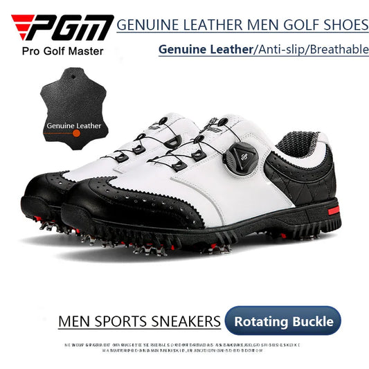 PGM Genuine Leather Golf Shoes for Men Waterproof Golf Sneakers Anti-Slip Nail Sports Footwear Male Rotating Buckle Shoes