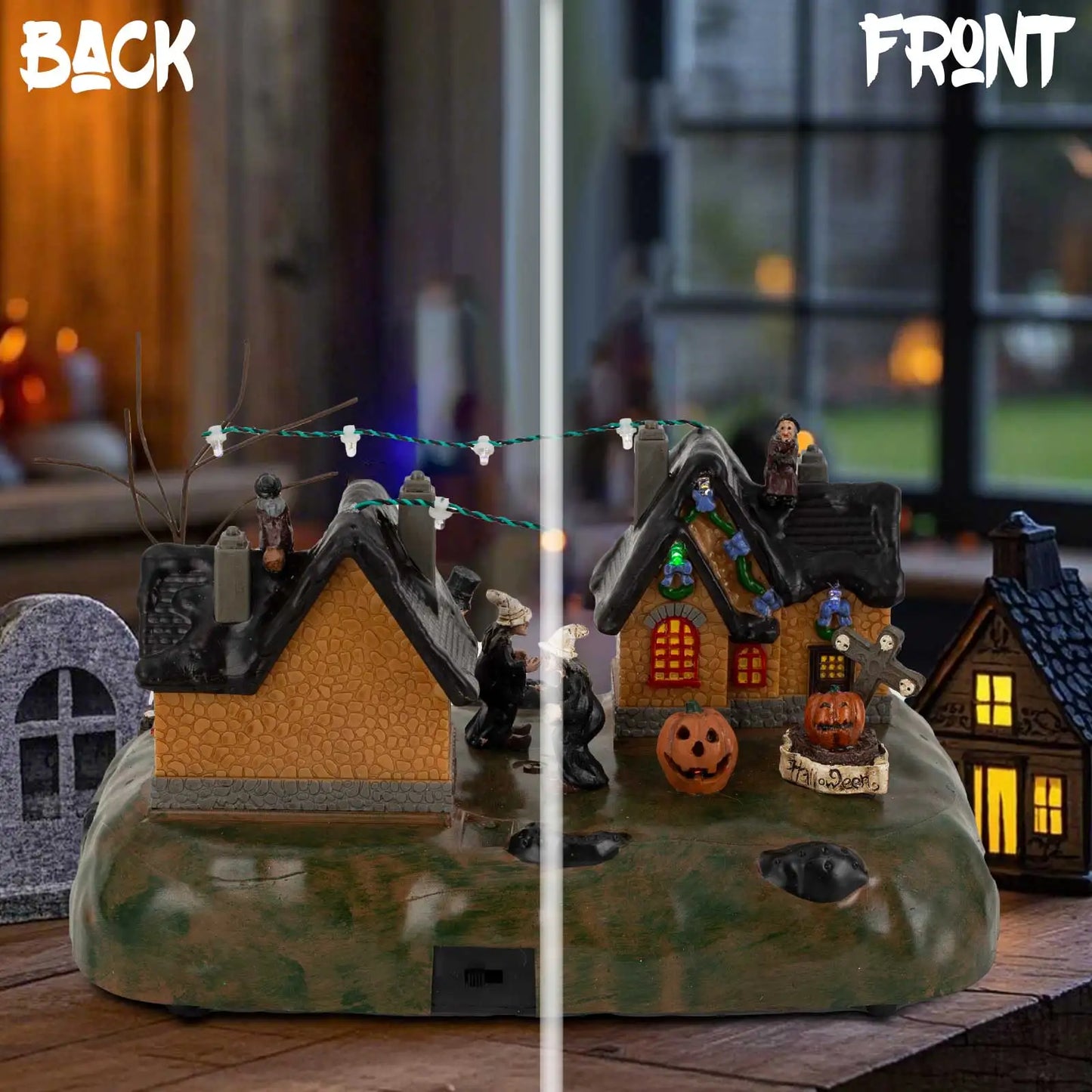 Halloween Village House Decoration With Rip Tombstones See-Saw and LED Light Terror Laughter Scary Collectible Building Holiday