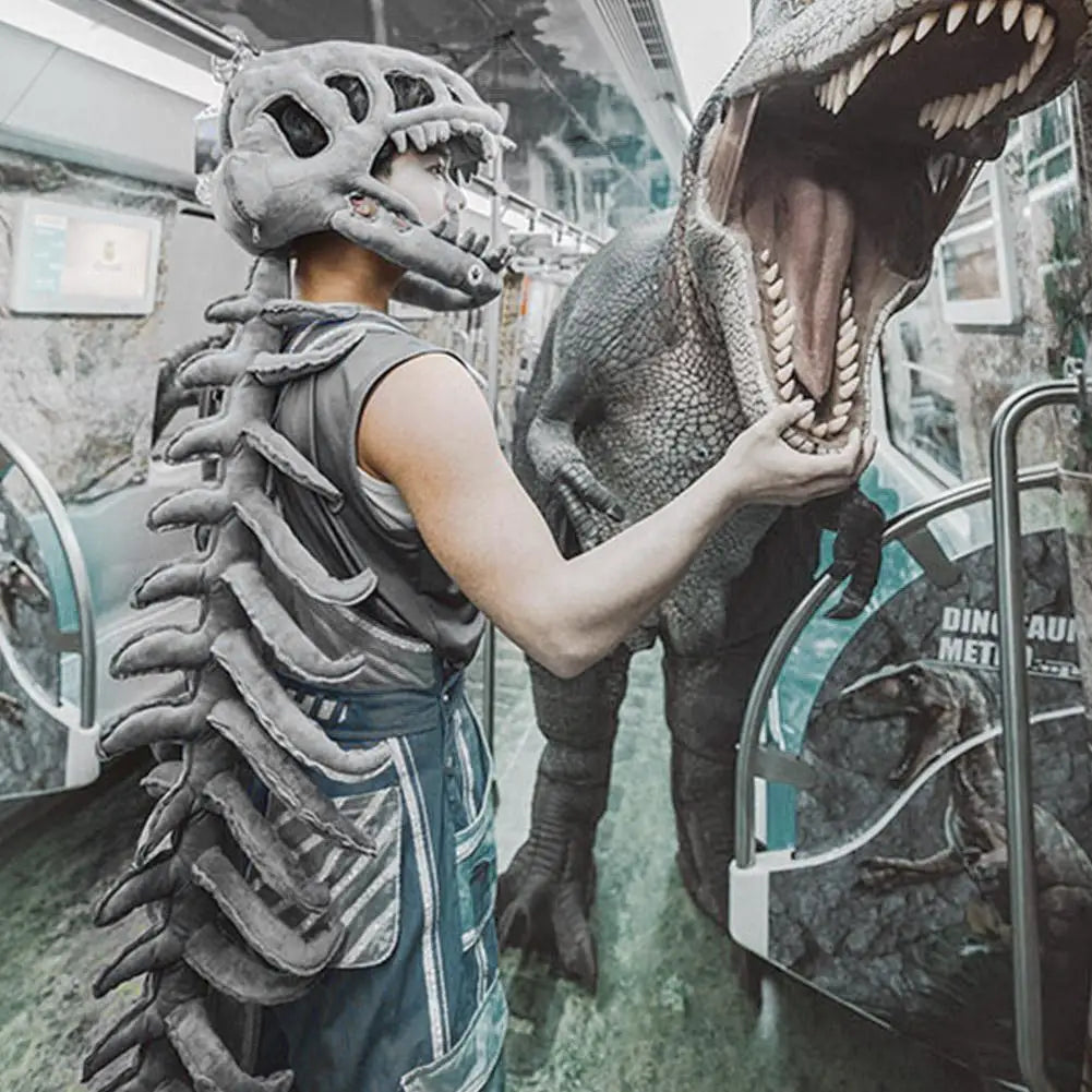 3D Dinosaur Skeleton Costume Set Halloween Realistic Dinosaur Headgear Plush Skeleton Dinosaur Costume Adult Dress-Up Jumpsuit