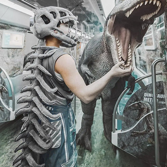 3D Dinosaur Skeleton Costume Set Halloween Realistic Dinosaur Headgear Plush Skeleton Dinosaur Costume Adult Dress-Up Jumpsuit