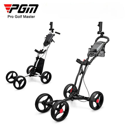 PGM Aluminium Alloy Trolley With Umbrella Holder Bottle Cage Fixing Rope Manual Brake Foldable Golf Bag Cart Four Wheels QC005