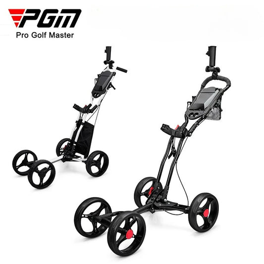 PGM Aluminium Alloy Trolley With Umbrella Holder Bottle Cage Fixing Rope Manual Brake Foldable Golf Bag Cart Four Wheels QC005