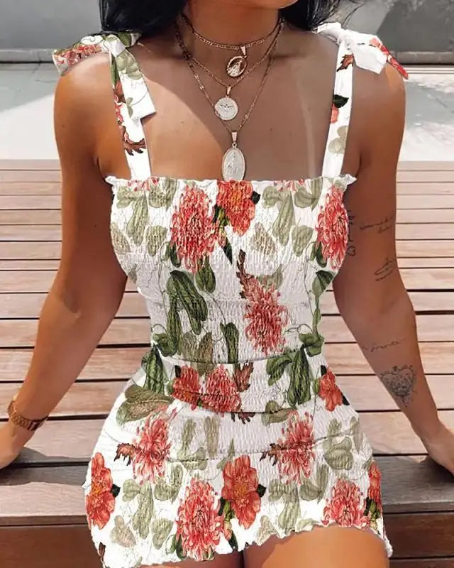 2025 Summer Slim Print Dress Women Fashion Spaghetti Strap Elegant Package Hips Bodycon Mini Dresses Femlae Beach Party Dress