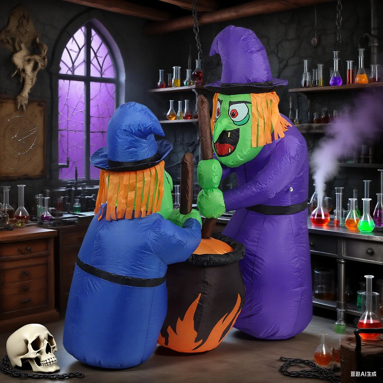 5Ft Halloween Inflatable Two Witches and Cauldron Decoration With Light, Inflatable Yard Decor Blow Up With Build-In LEDs