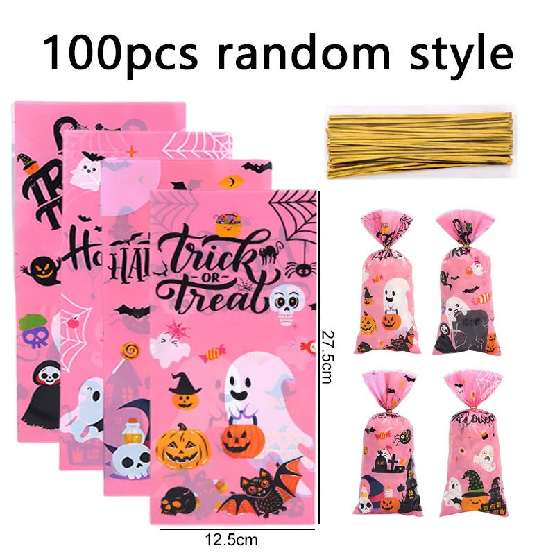 Halloween Gift Bag With Zip Ties Plasic Cartoon Pattern Festival Party Supplies Flat Two Color Schemes Mouth Candy Bag TMZ