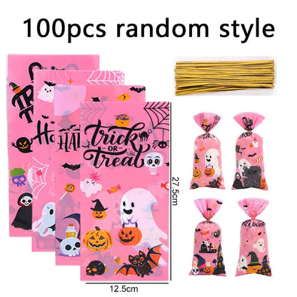 Halloween Gift Bag With Zip Ties Plasic Cartoon Pattern Festival Party Supplies Flat Two Color Schemes Mouth Candy Bag TMZ